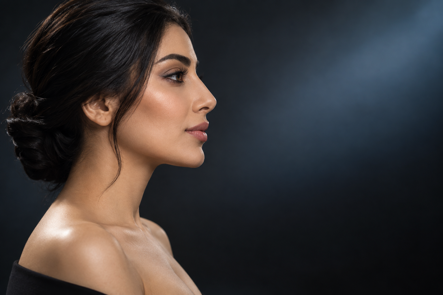 Middle Eastern woman in profile illustrating balanced chin projection