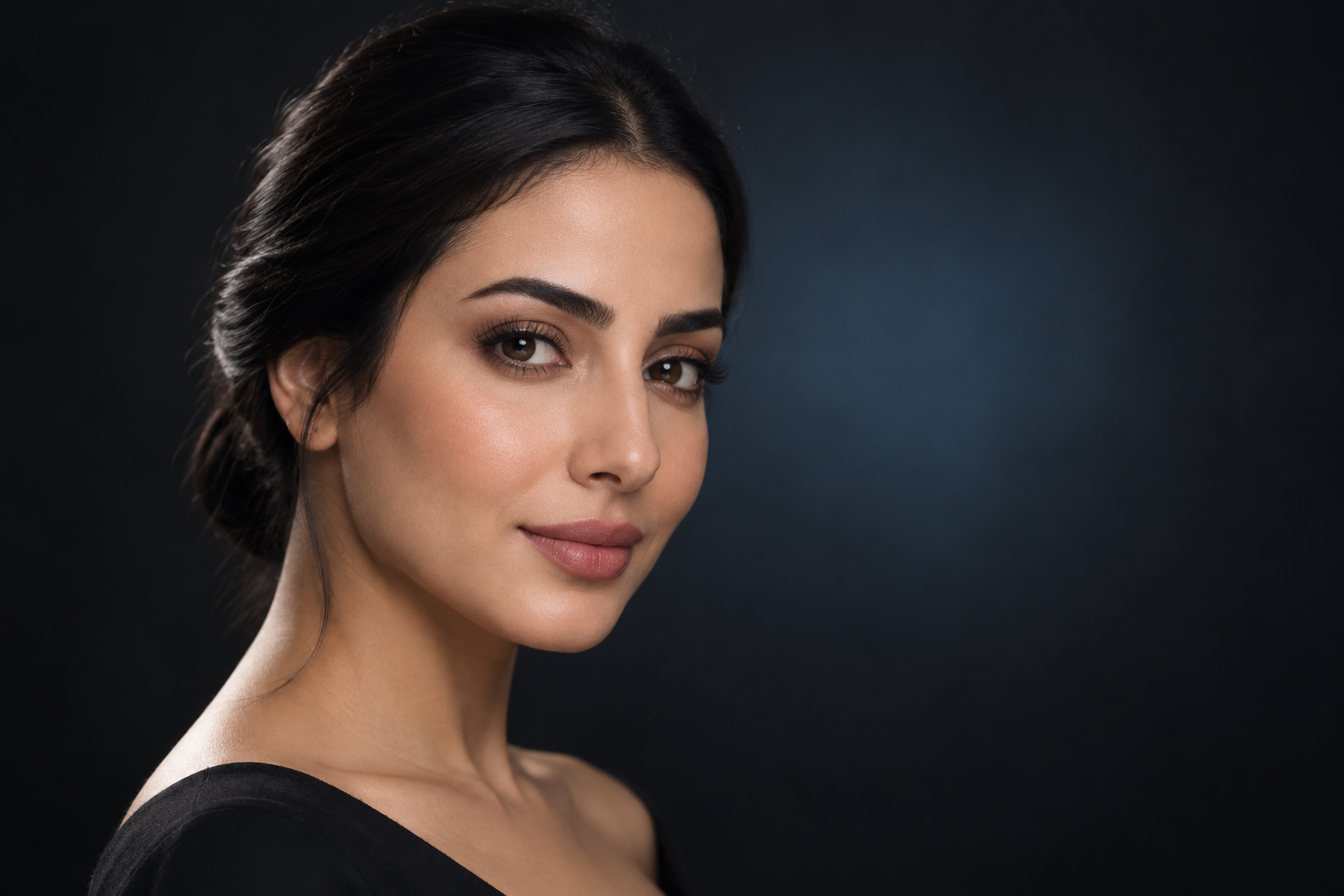Middle Eastern woman with a visible natural hairline for forehead reduction